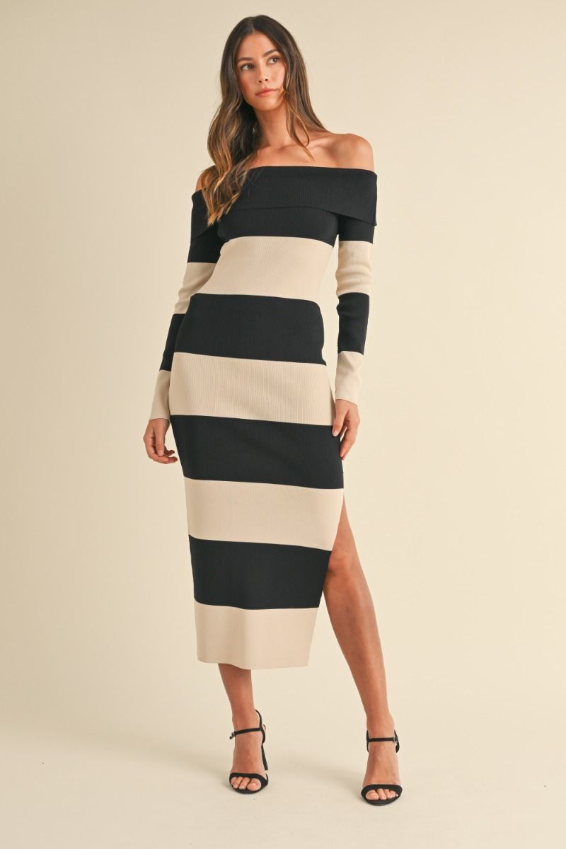 Off-Shoulder Striped Sweater Dress