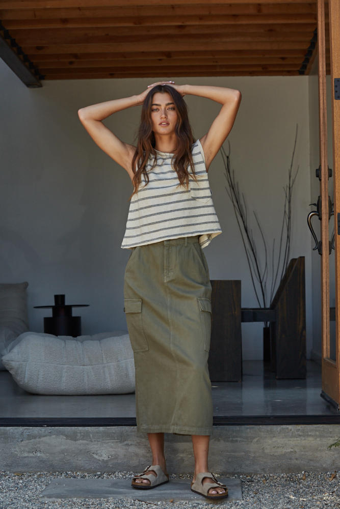 Olive Denim Midi Skirt