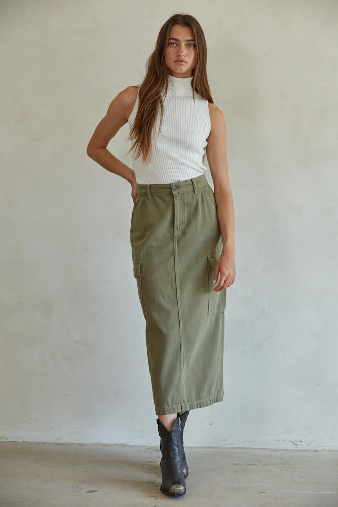 Olive Denim Midi Skirt