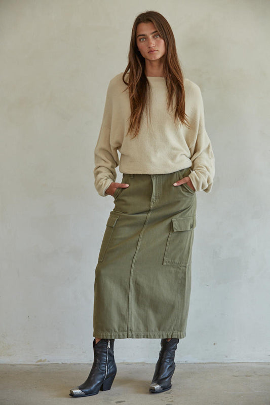 Olive Denim Midi Skirt