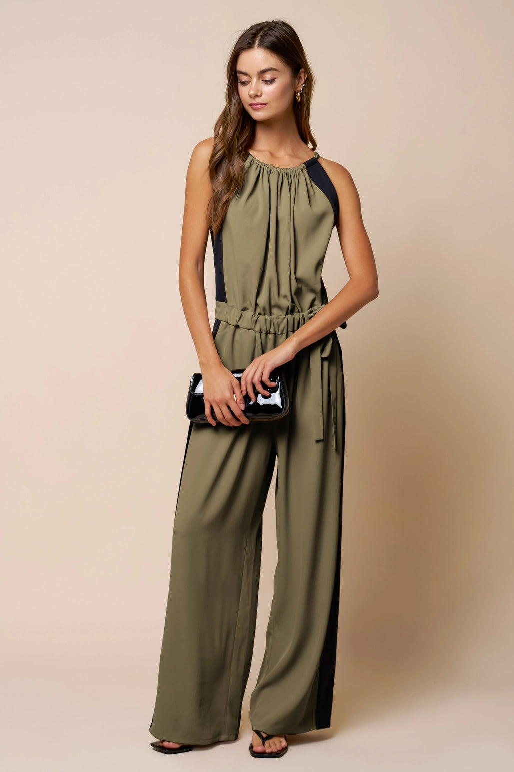 Tie-Waist Wide Leg Jumper - Olive