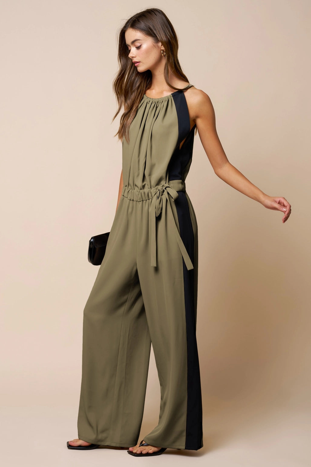 Tie-Waist Wide Leg Jumper - Olive