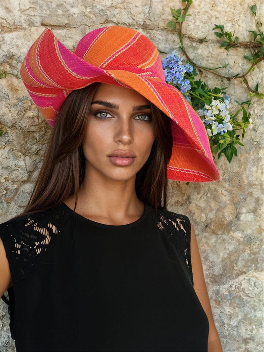 Raffia Straw Lightweight Sun Hat - Orange/Pink