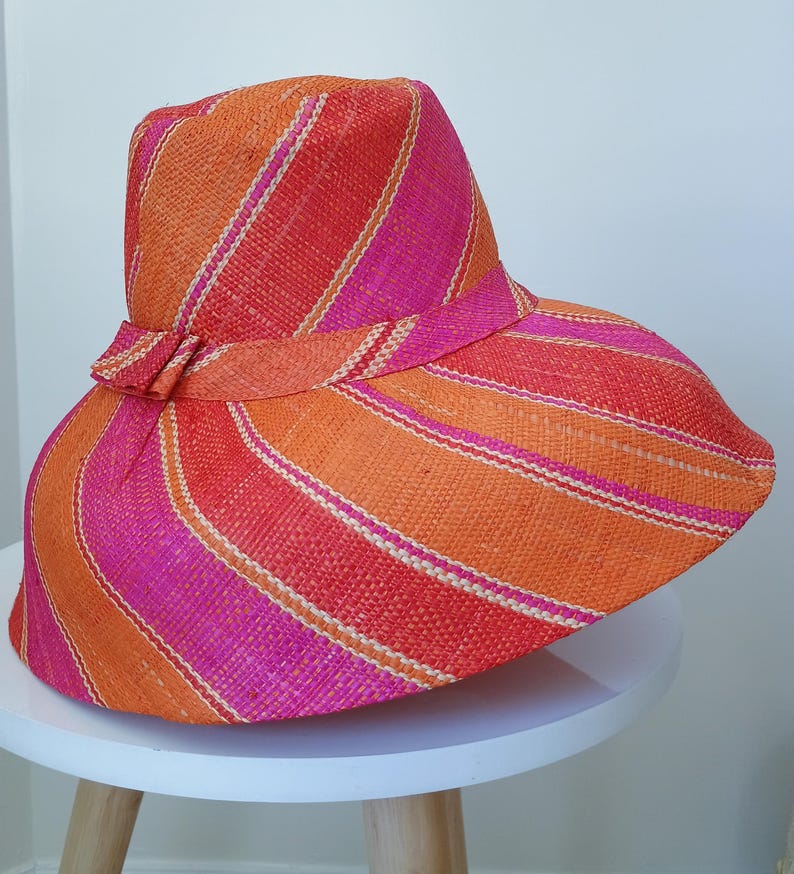 Raffia Straw Lightweight Sun Hat - Orange/Pink