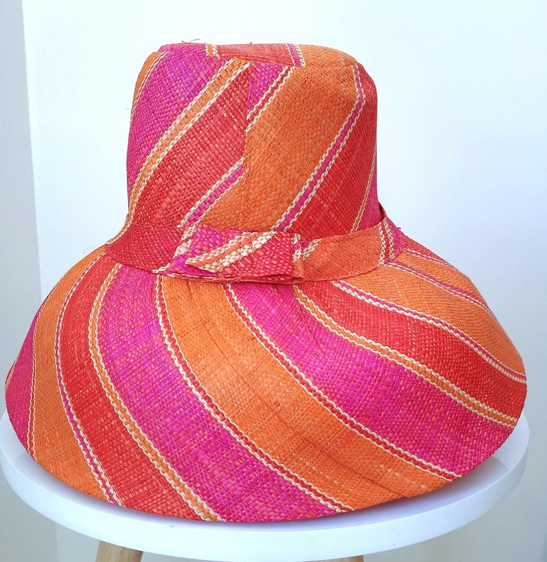 Raffia Straw Lightweight Sun Hat - Orange/Pink