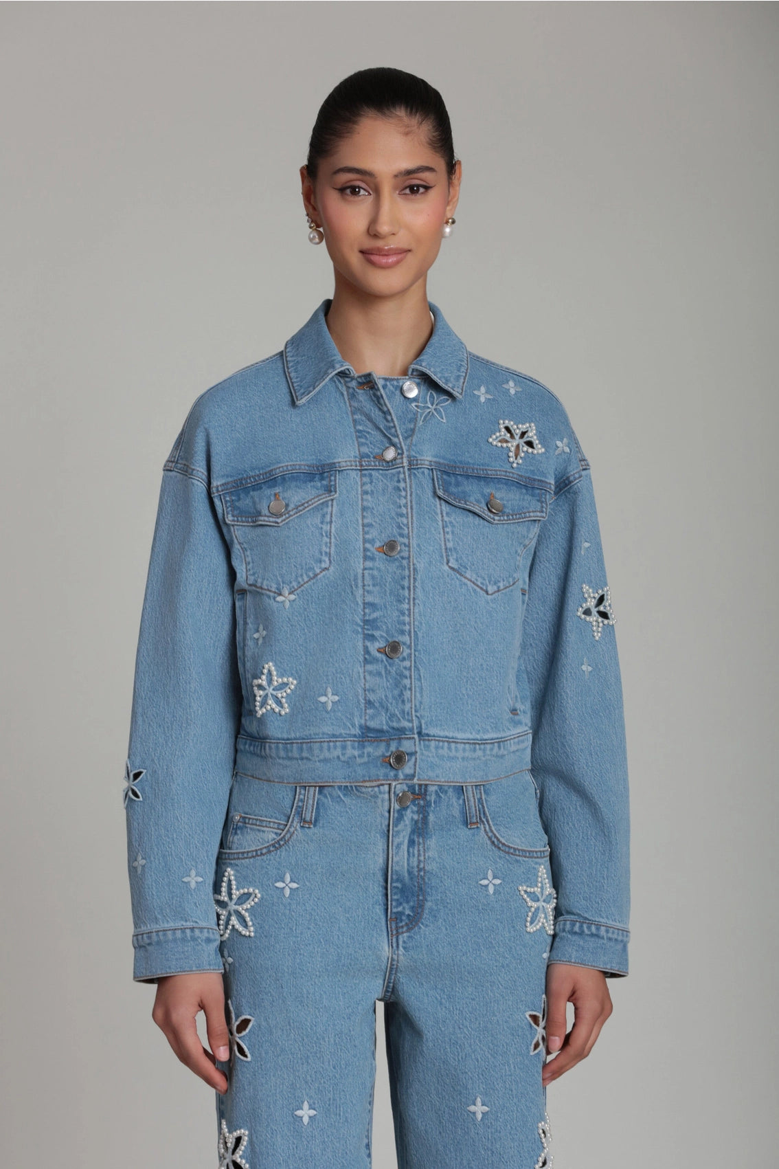 Pearl Fleur Embellished Denim Jacket