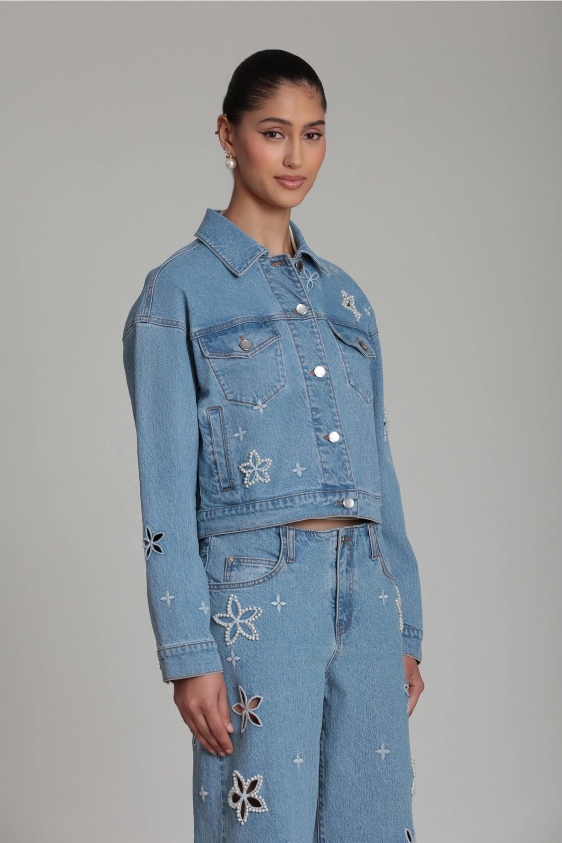 Pearl Fleur Embellished Denim Jacket