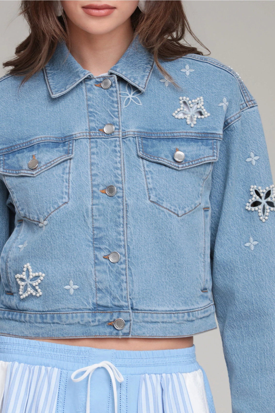 Pearl Fleur Embellished Denim Jacket