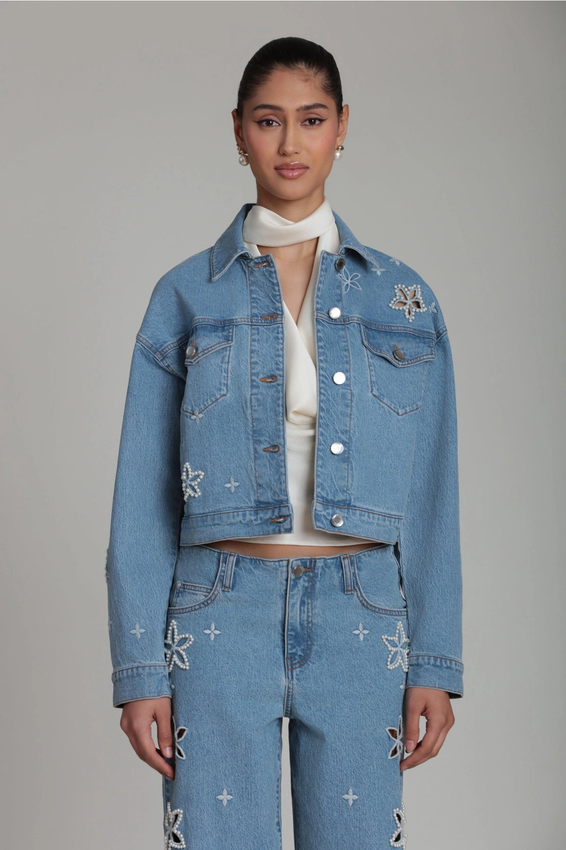 Pearl Fleur Embellished Denim Jacket