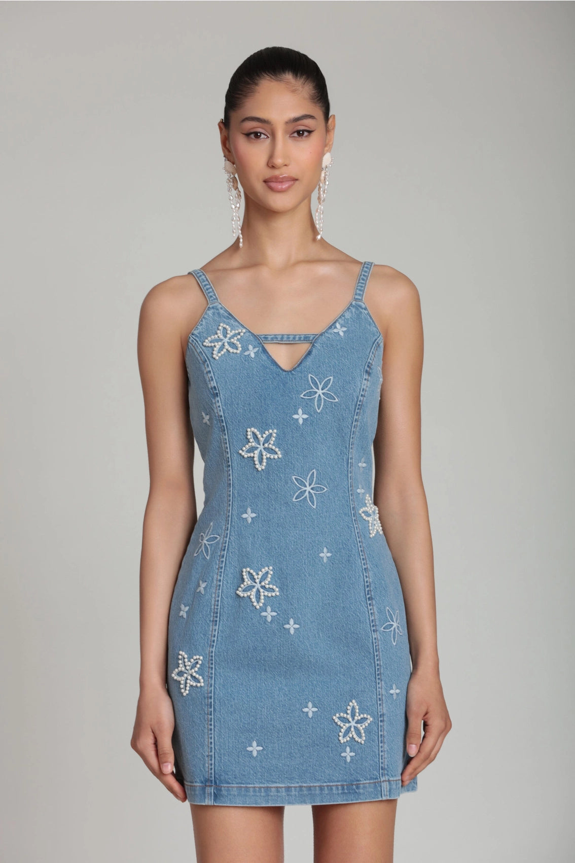 Pearl Fleur Embellished Stretch Denim Dress