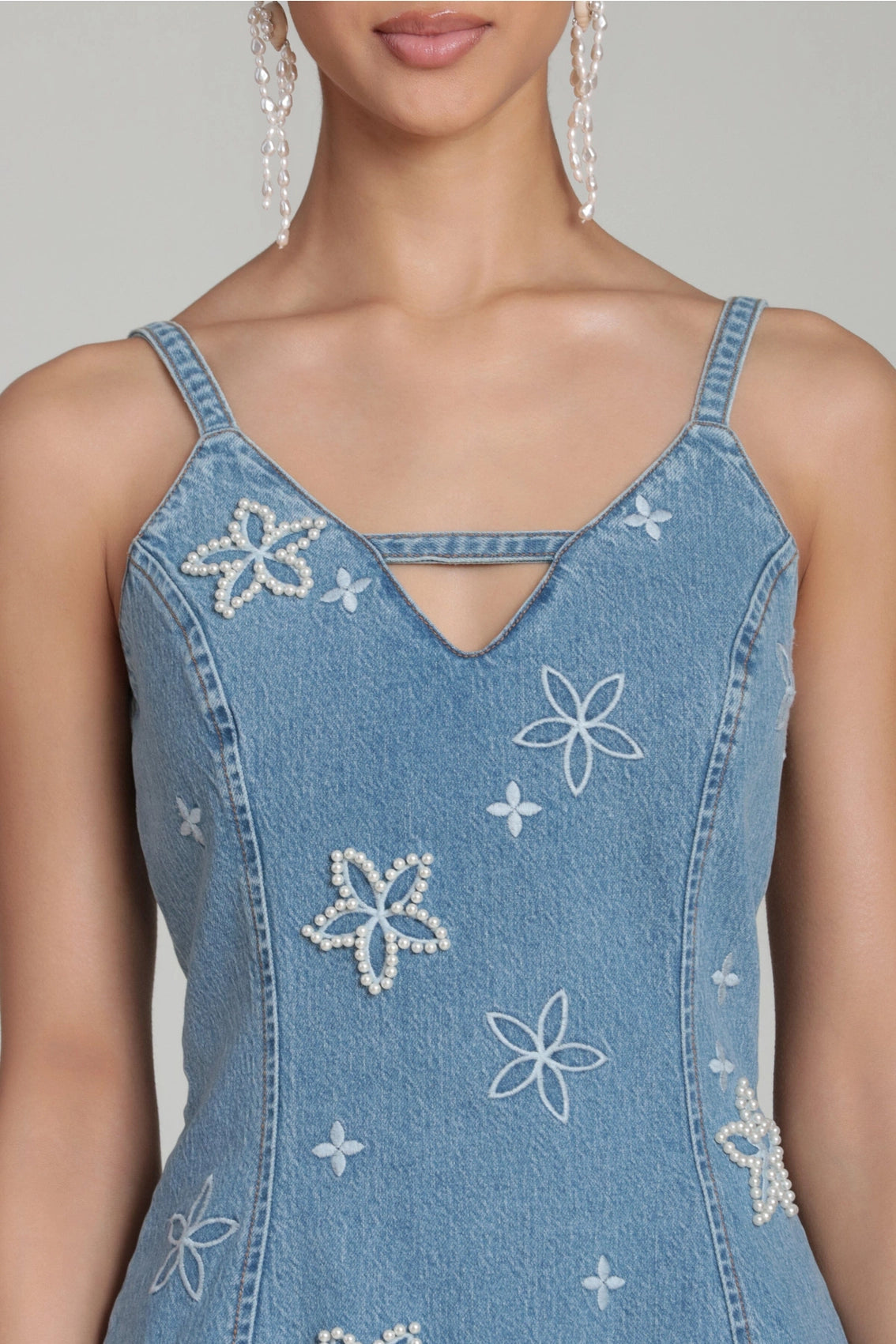 Pearl Fleur Embellished Stretch Denim Dress