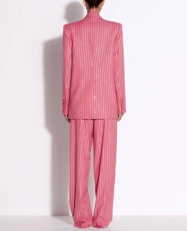 Chic Pink Striped Blazer and Pants Set
