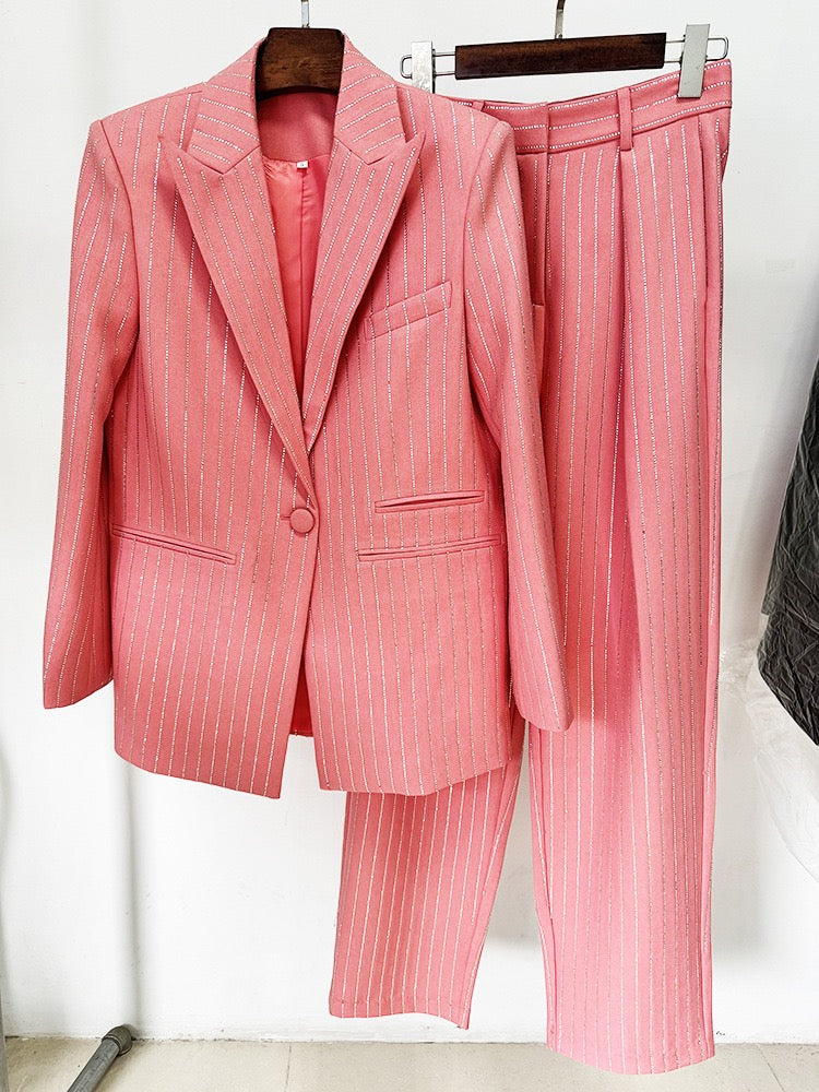 Chic Pink Striped Blazer and Pants Set