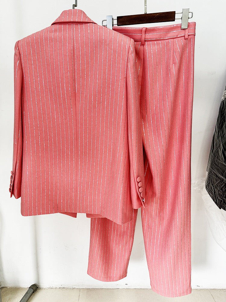 Chic Pink Striped Blazer and Pants Set