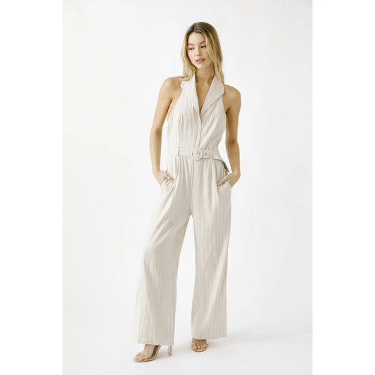 Pinstripe Collar Wide-Leg Jumpsuit