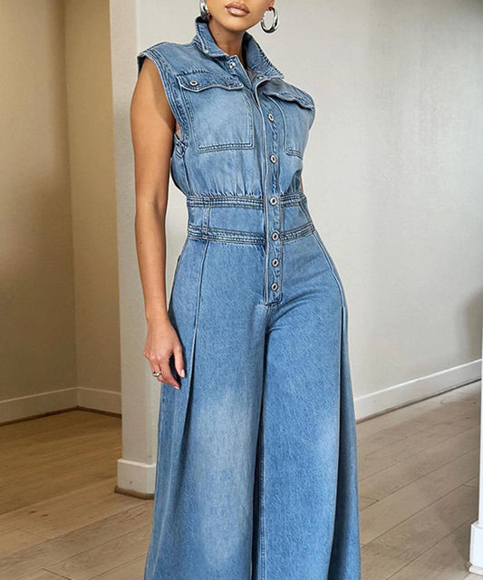 Washed Denim Wide Leg Jumpsuit (Plus Sizes Available)