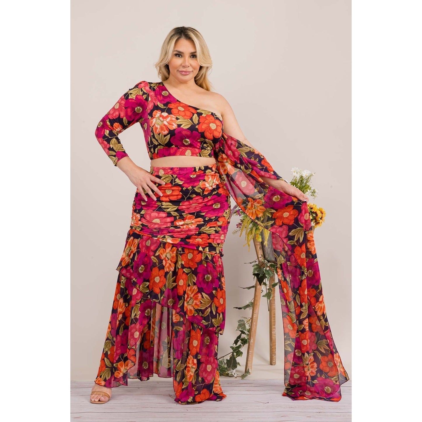 One-Shoulder Top/Skirt Set (Plus Sizes Available)