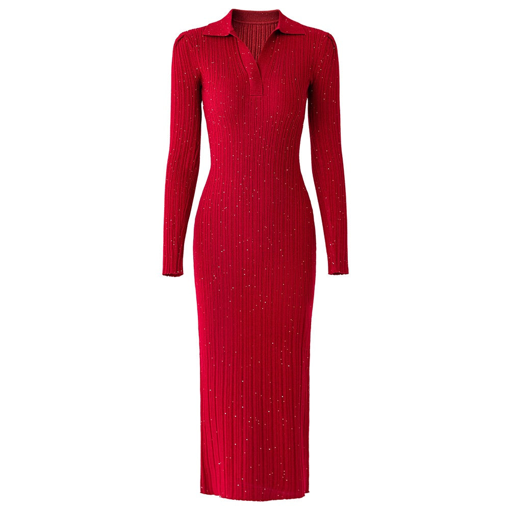 Red V-Neck Sequin Ribbed Midi Dress