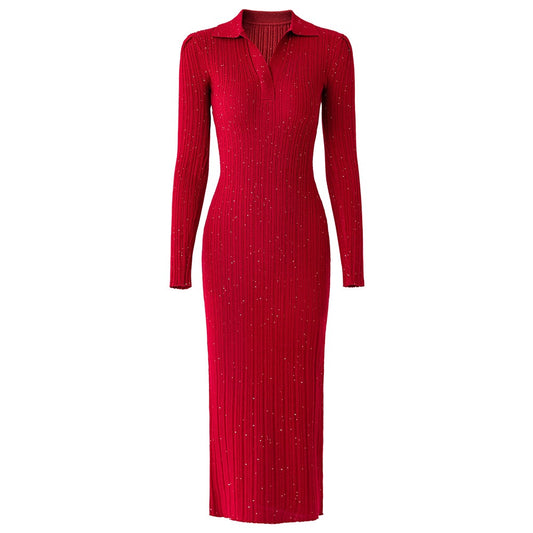 Red V-Neck Sequin Ribbed Midi Dress
