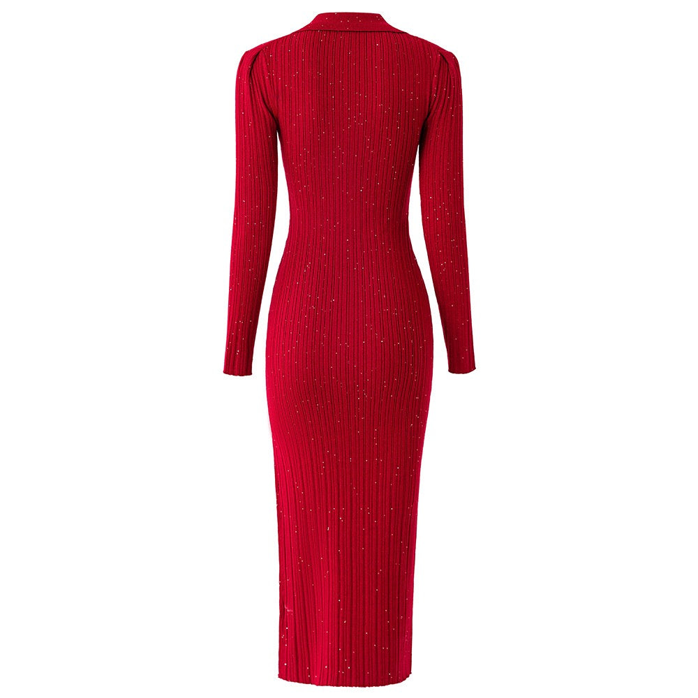 Red V-Neck Sequin Ribbed Midi Dress