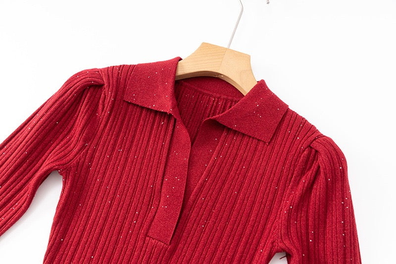 Red V-Neck Sequin Ribbed Midi Dress