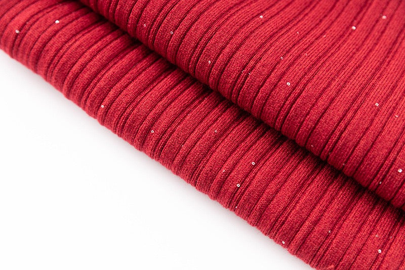 Red V-Neck Sequin Ribbed Midi Dress