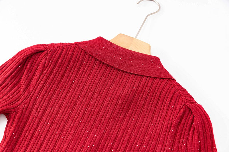 Red V-Neck Sequin Ribbed Midi Dress