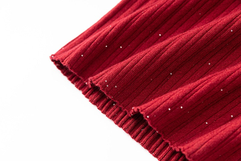 Red V-Neck Sequin Ribbed Midi Dress