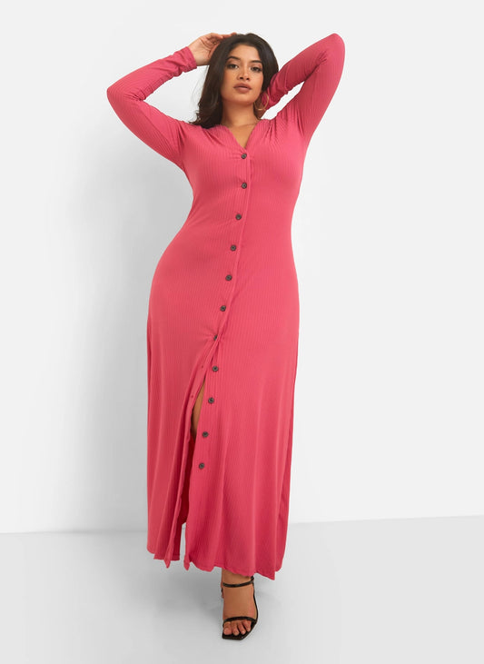 Devoted Ribbed Button Front Maxi (Plus Sizes Available)