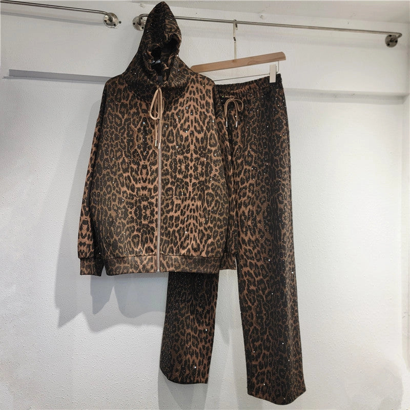 Leopard Print Hoodie Set with Rhinestone Accents