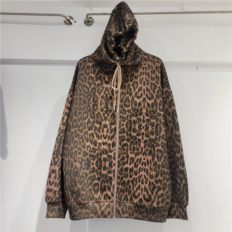 Leopard Print Hoodie Set with Rhinestone Accents