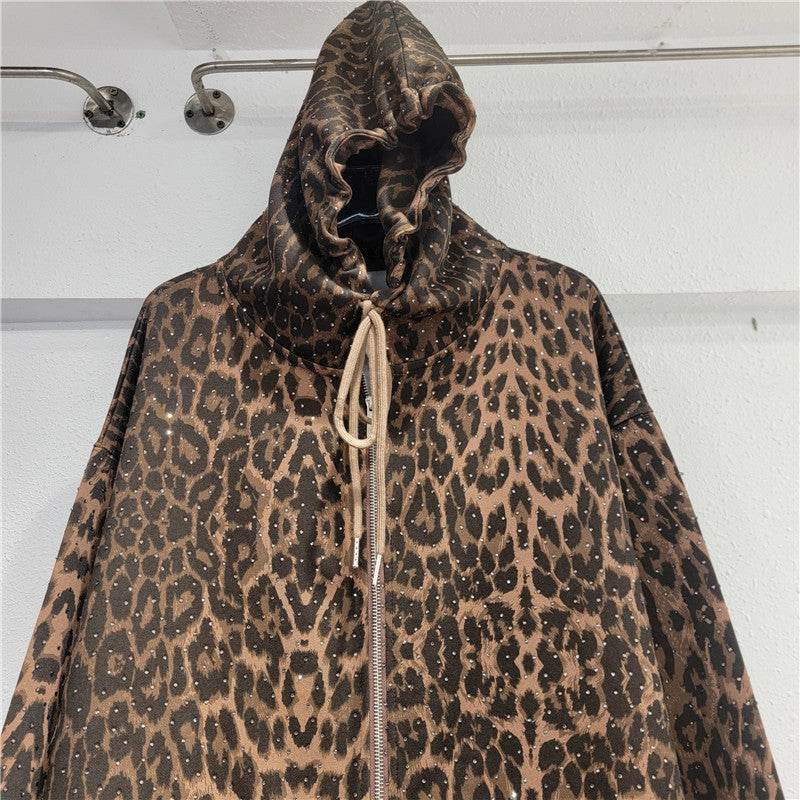Leopard Print Hoodie Set with Rhinestone Accents