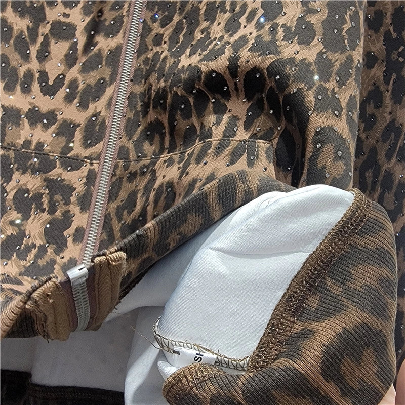 Leopard Print Hoodie Set with Rhinestone Accents
