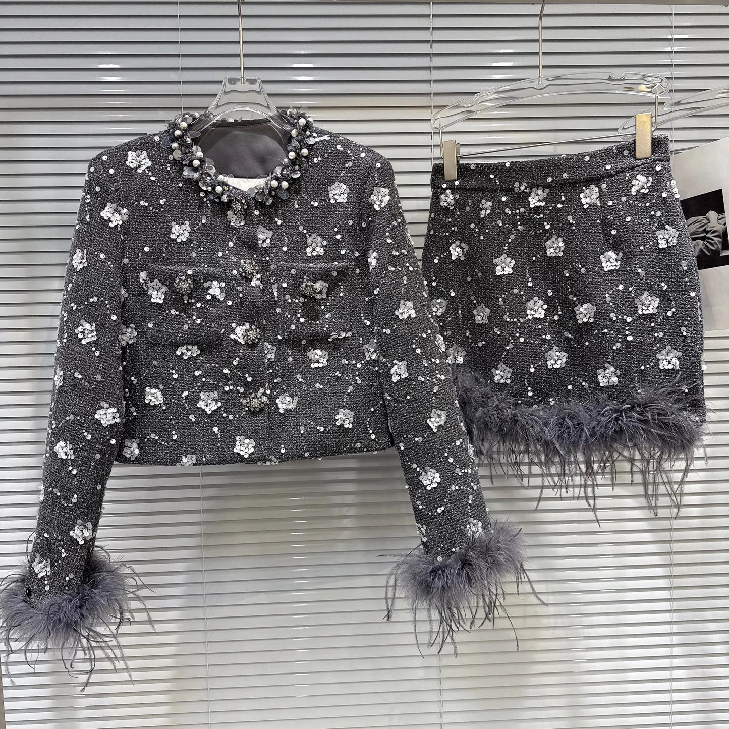 Sequin Down Jacket and Skirt w/Feathers