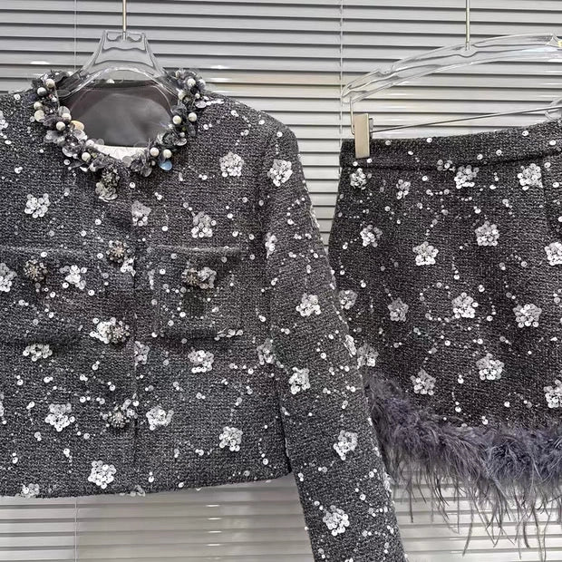 Sequin Down Jacket and Skirt w/Feathers