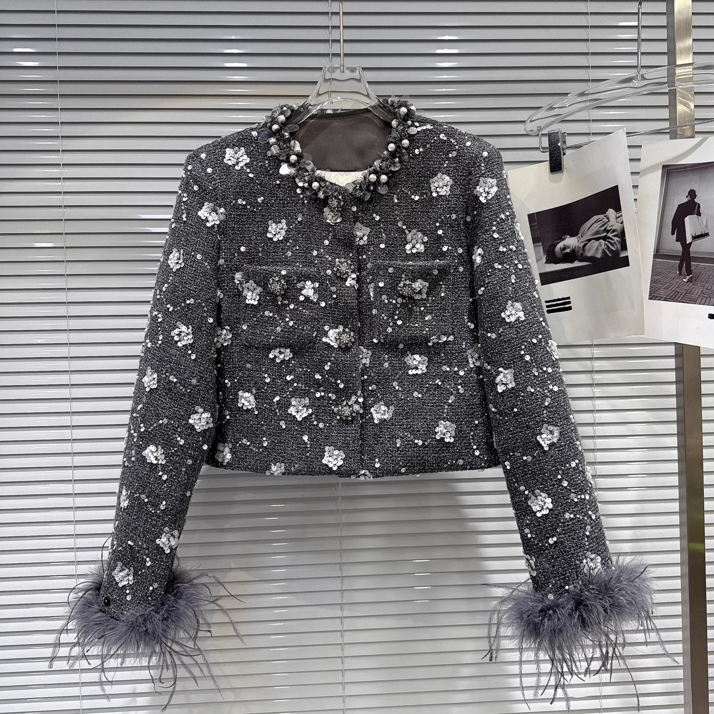 Sequin Down Jacket and Skirt w/Feathers