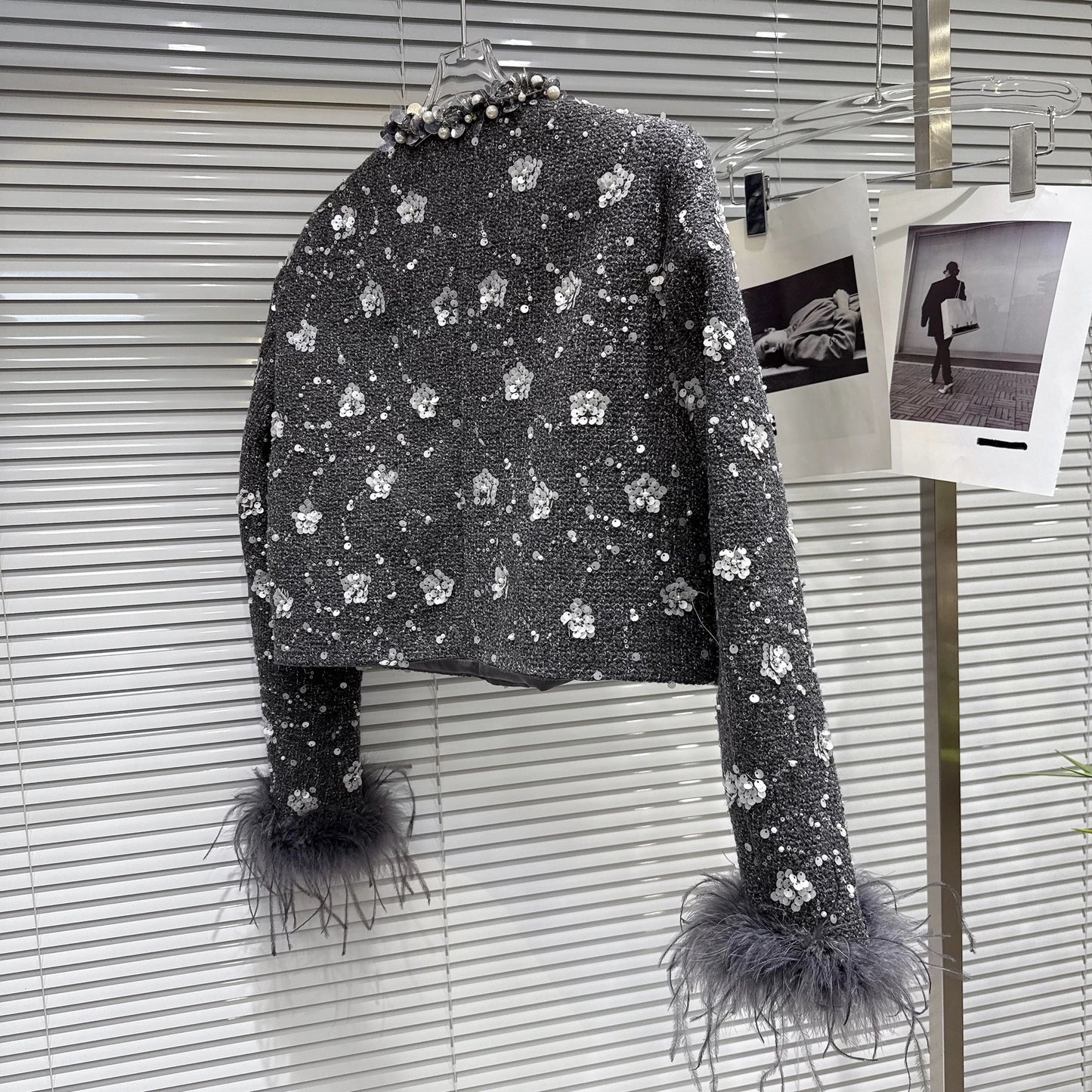 Sequin Down Jacket and Skirt w/Feathers