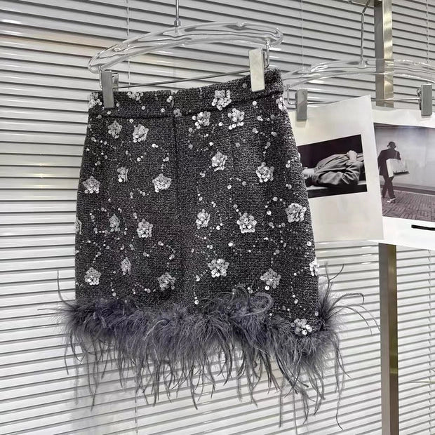 Sequin Down Jacket and Skirt w/Feathers