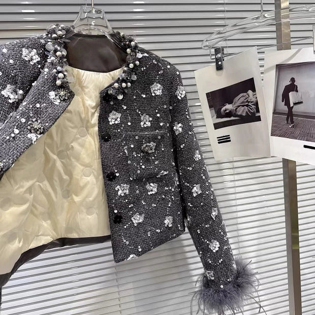 Sequin Down Jacket and Skirt w/Feathers