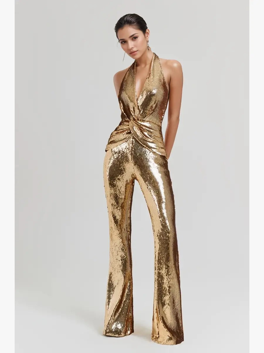 Sequin Halter Deep V Jumpsuit (2 Colors)