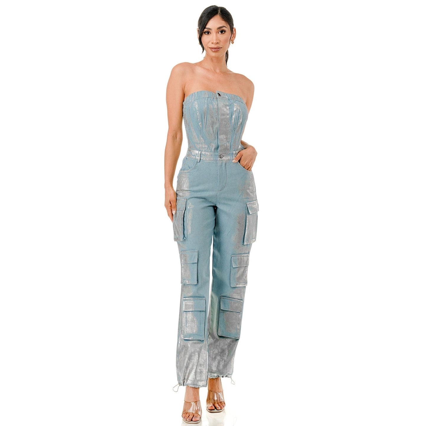 Foil Vintage Cargo Denim Jumpsuit (2-Colors, Plus Size)