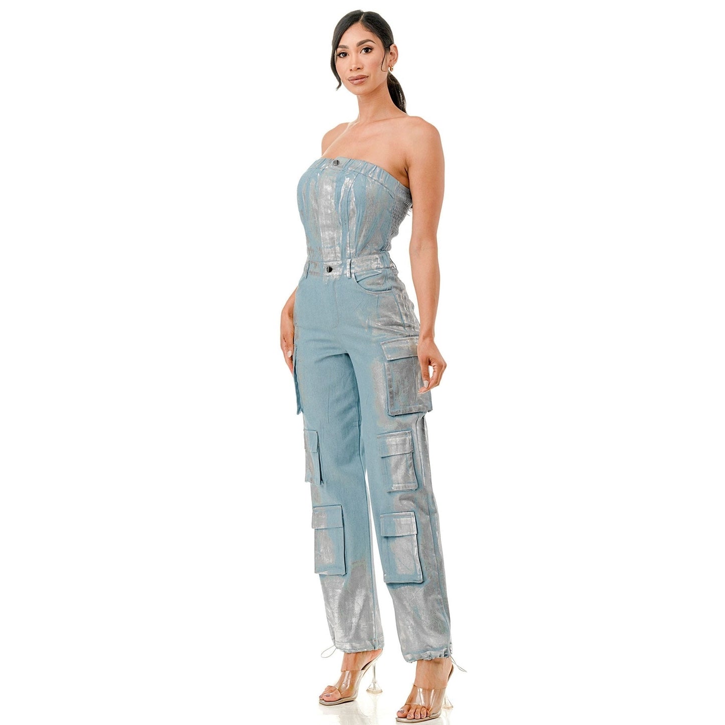 Foil Vintage Cargo Denim Jumpsuit (2-Colors, Plus Size)