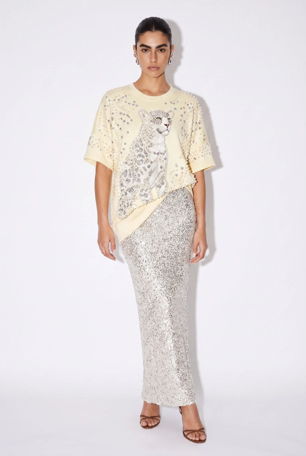Snow Leopard Pearl Embellished Oversized Top
