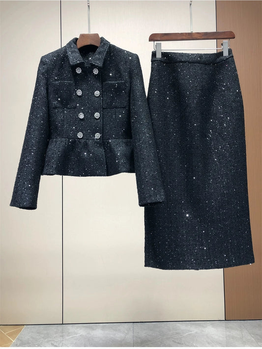 Sequin Tweed Wool Blend Jacket and Skirt