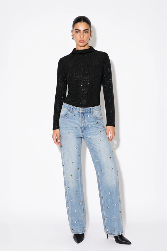 Rhinestone Embellished Mock Neck Top