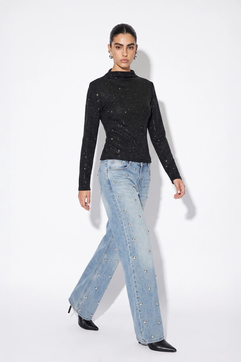 Rhinestone Embellished Mock Neck Top