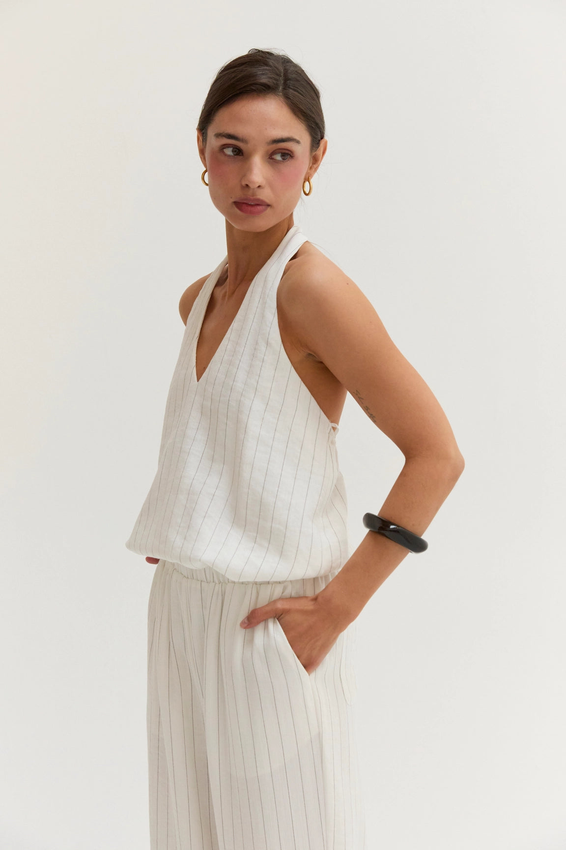 Luna Pinstripe Halter Linen Blend Jumpsuit