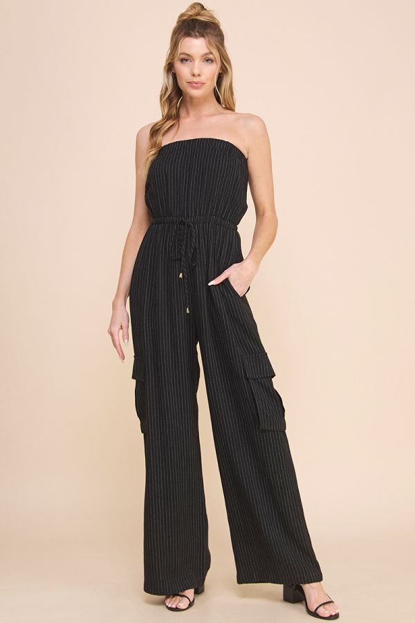 Strapless Linen-Blend Cargo Jumpsuit