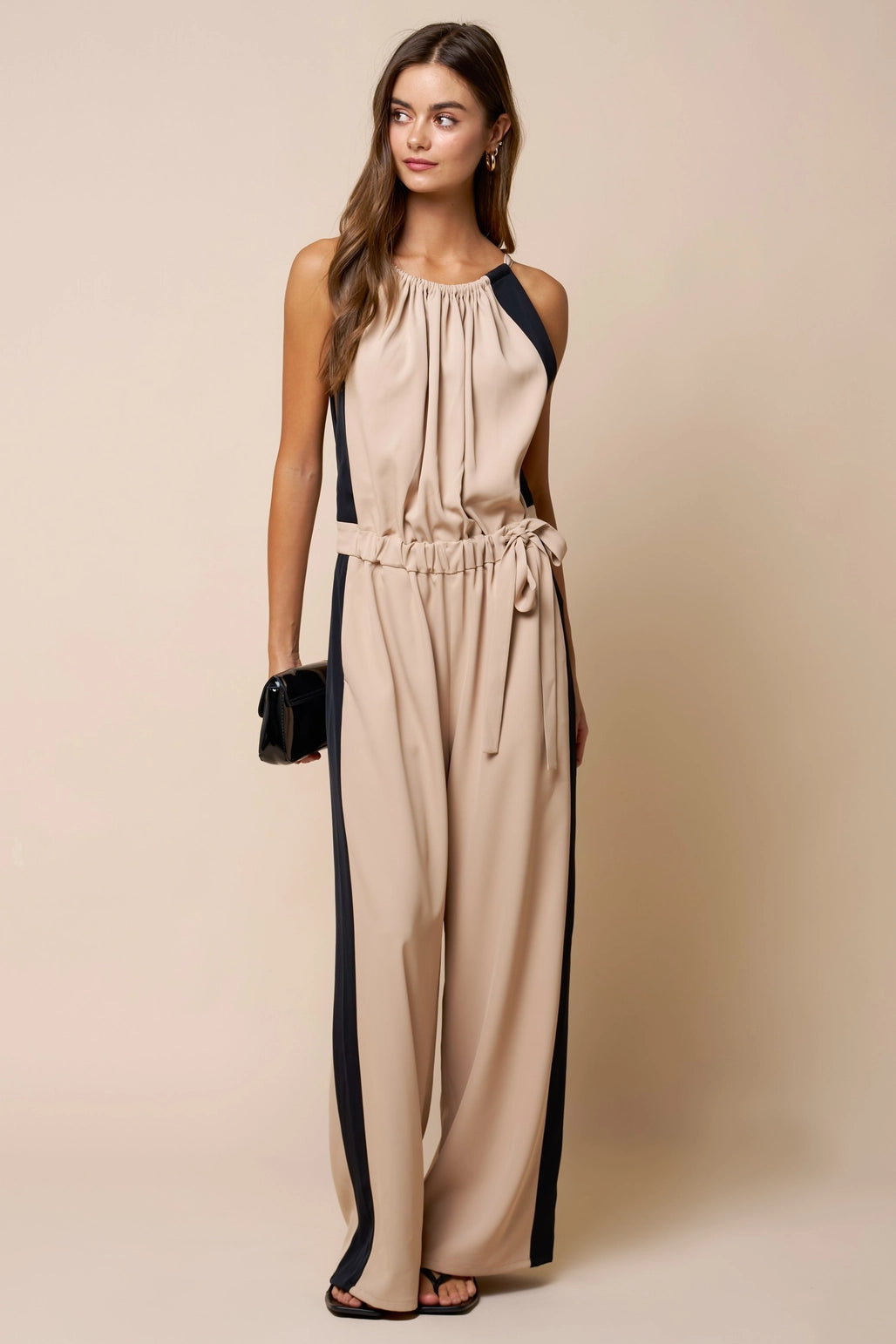 Tie-Waist Wide Leg Jumper - Tan