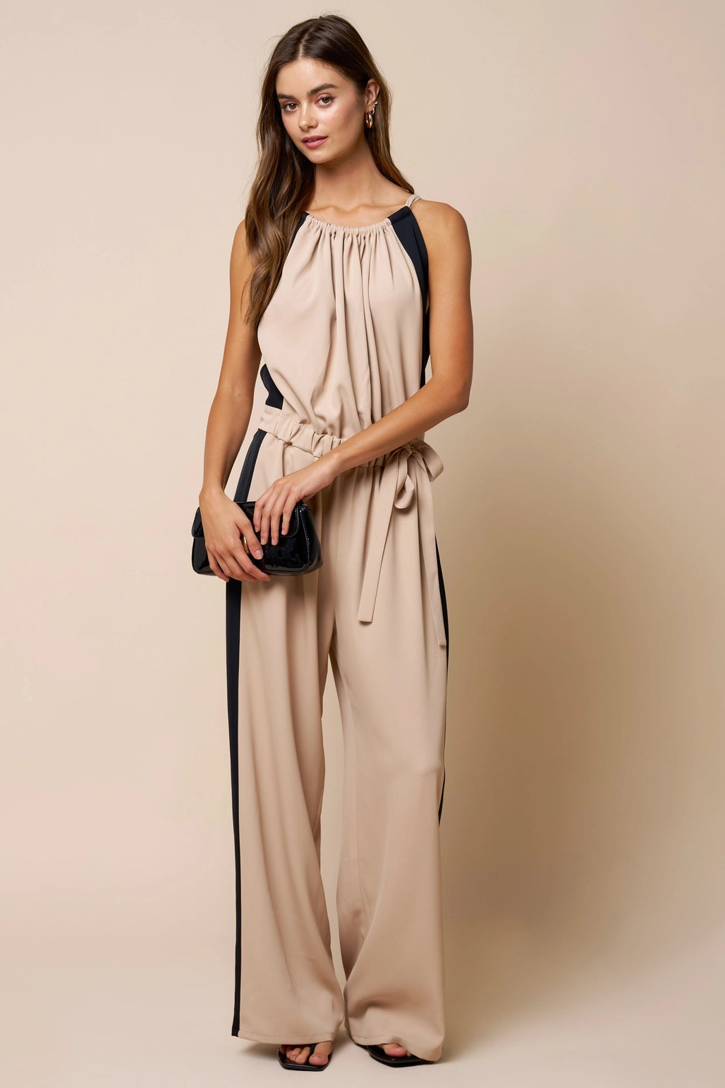 Tie-Waist Wide Leg Jumper - Tan